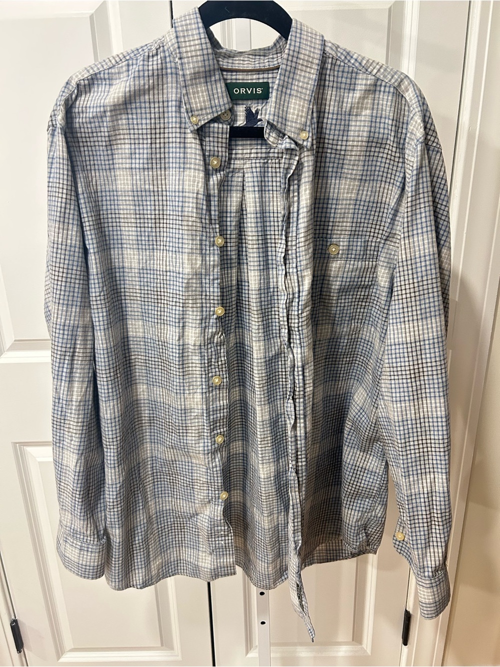 Orvis Men's Light Blue and White Plaid Button-Down Shirt